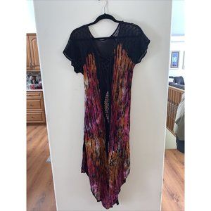 Vtg. L.S.I. Long Embroidered Rayon DRESS Cover up Hippie Boho Black One Size
